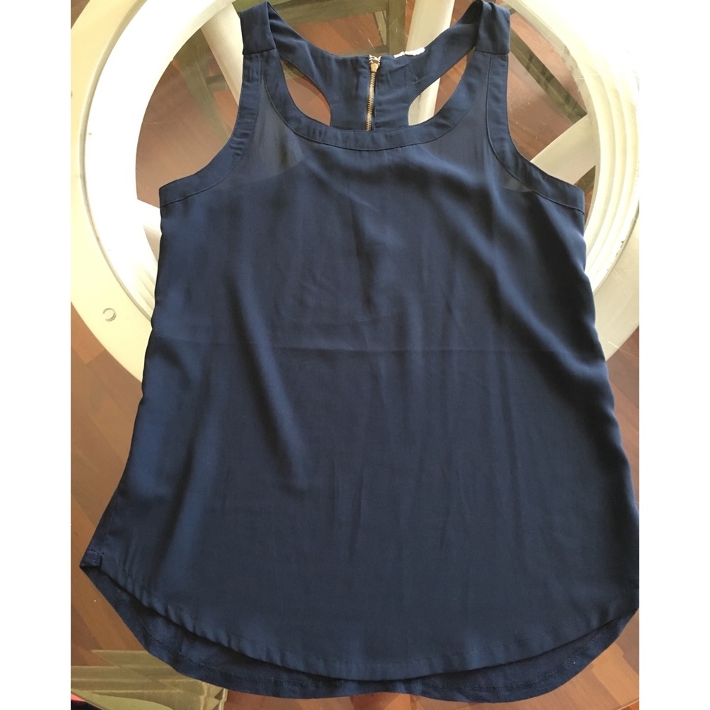 Navy colored sheer tank top with zipper